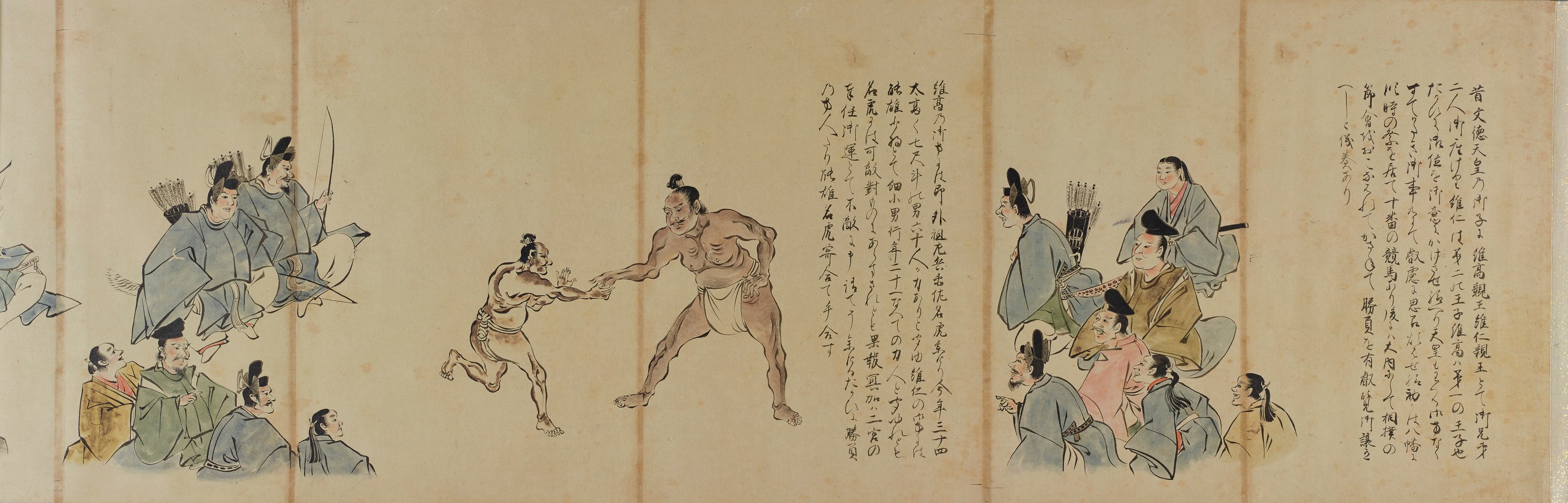 『武家相撲絵巻（模本）』の一場面。褌姿の二人が手を伸ばして組み合おうとし、左右で装束姿の人々が見守る。右と中ほどに詞書