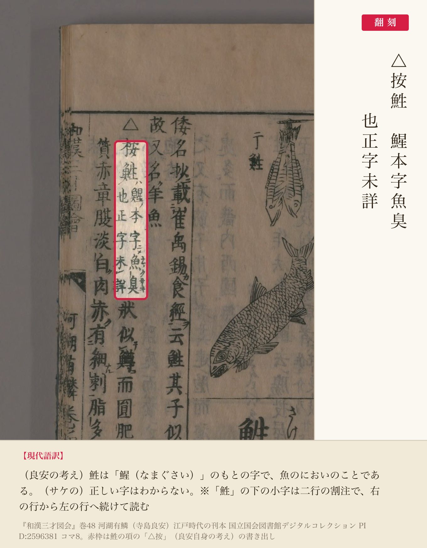 『和漢三才図会』巻48 鮏の項「△按」の赤枠注釈と翻刻