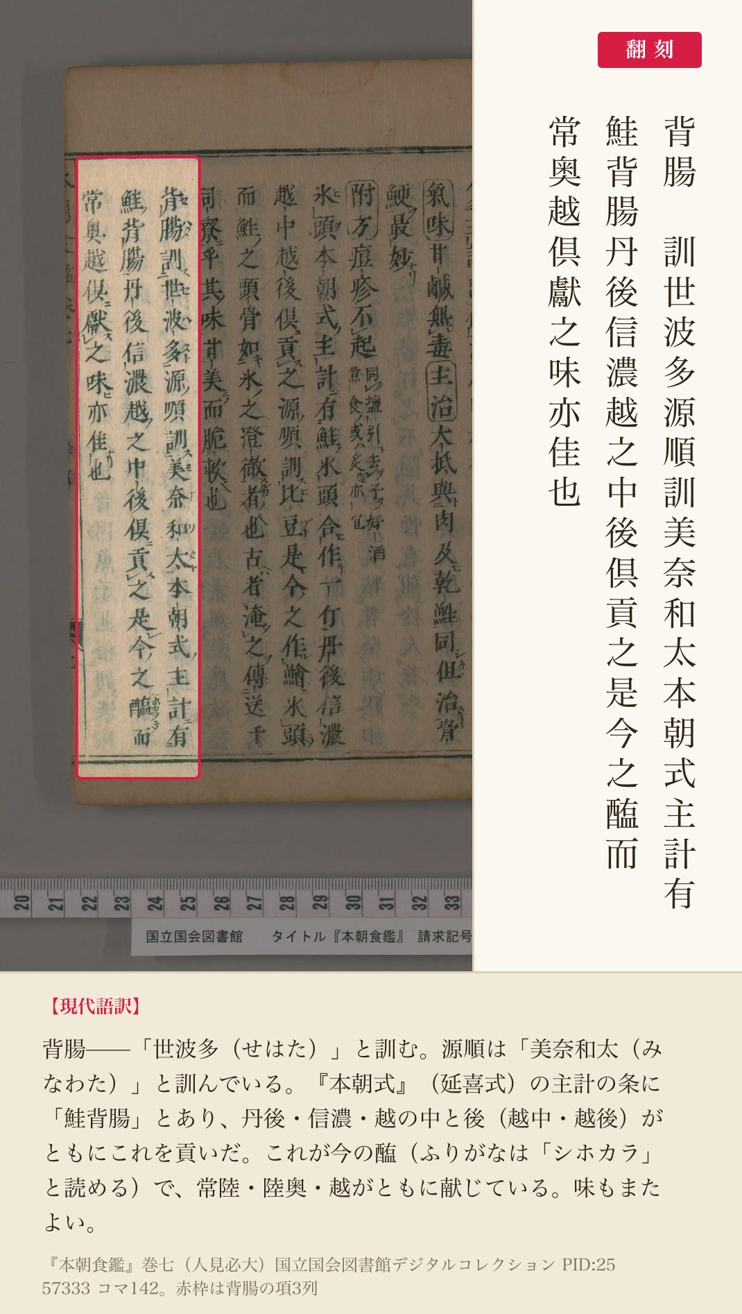 『本朝食鑑』巻七、背腸（せわた）の項と翻刻
