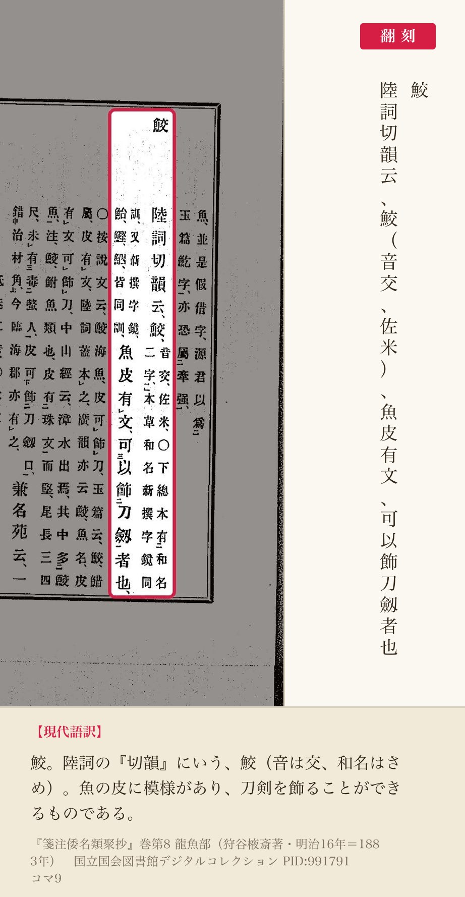 『箋注倭名類聚抄』巻八コマ9の見出し「鮫」と「陸詞切韻云、鮫（音交、佐米）、魚皮有文、可以飾刀劔者也」の翻刻
