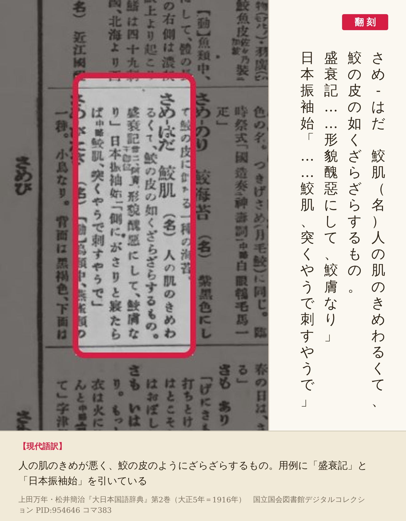 『大日本国語辞典』第2巻コマ383の「さめ-はだ　鮫肌」の項と翻刻