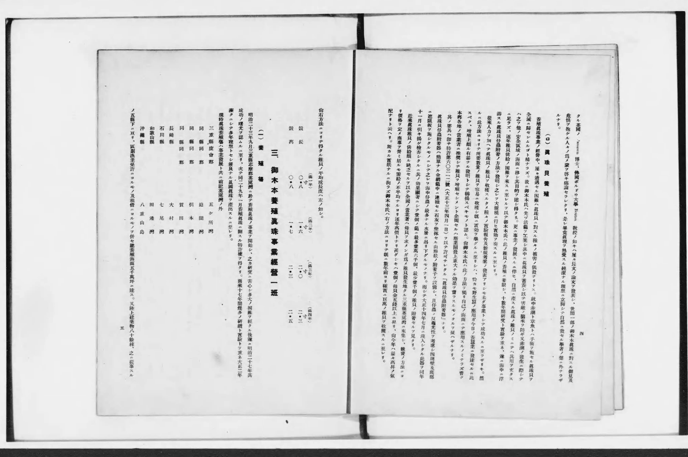 報告書コマ8の見開き。右頁に真珠貝の被害と稚貝の話、左頁に「三、御木本養殖眞珠事業經營一班」