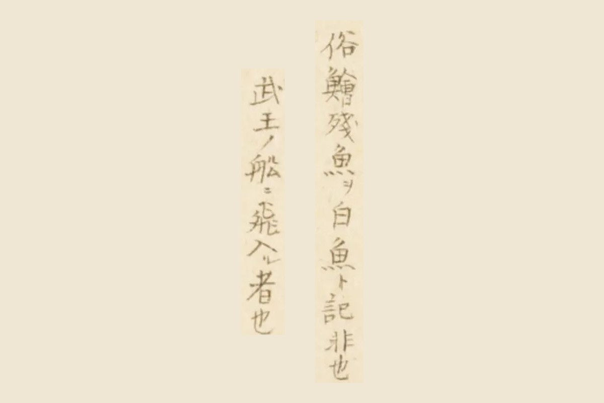 『梅園魚品図正』1帖コマ18の書き入れ「俗鱠殘魚ヲ白魚ト記非也」「武王ノ船ニ飛入ル者也」の大写し
