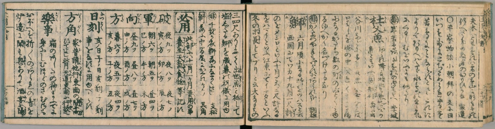 『月令博物筌』十一月之部の見開き。横長の小さな本で、右ページの左寄りに大きく「鰤」の見出しが見える