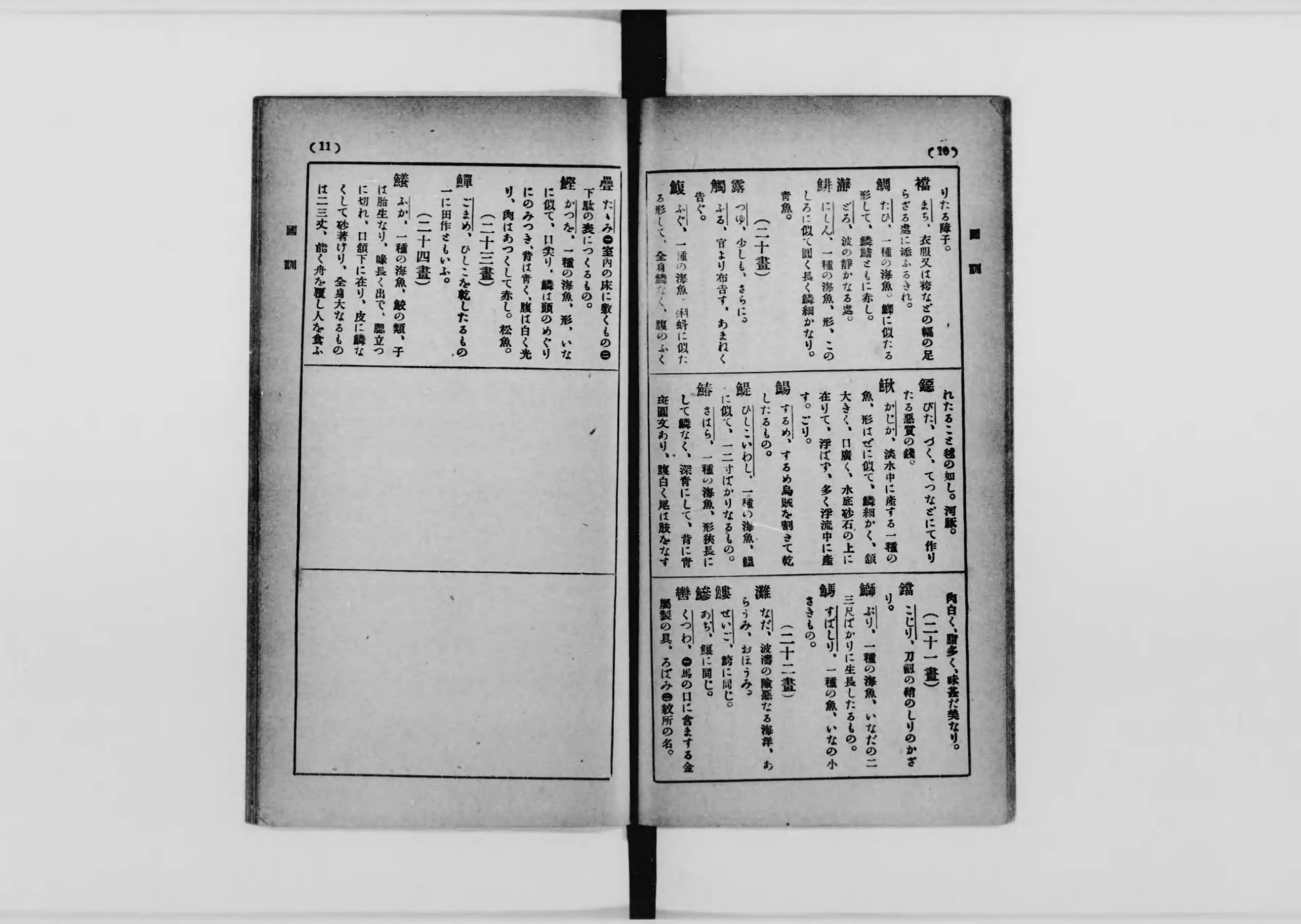 『誤り易き漢字の読み方と正しき用字法』コマ47の見開き。三段に区切られたページに魚へんの字が並ぶ
