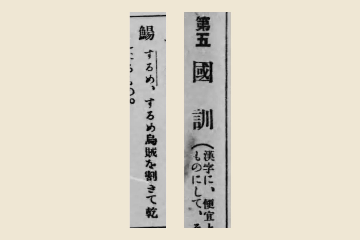 『誤り易き漢字の読み方と正しき用字法』の章の見出し「第五 國訓」と、コマ47の「鯣 するめ、するめ烏賊を割きて乾」の大写し