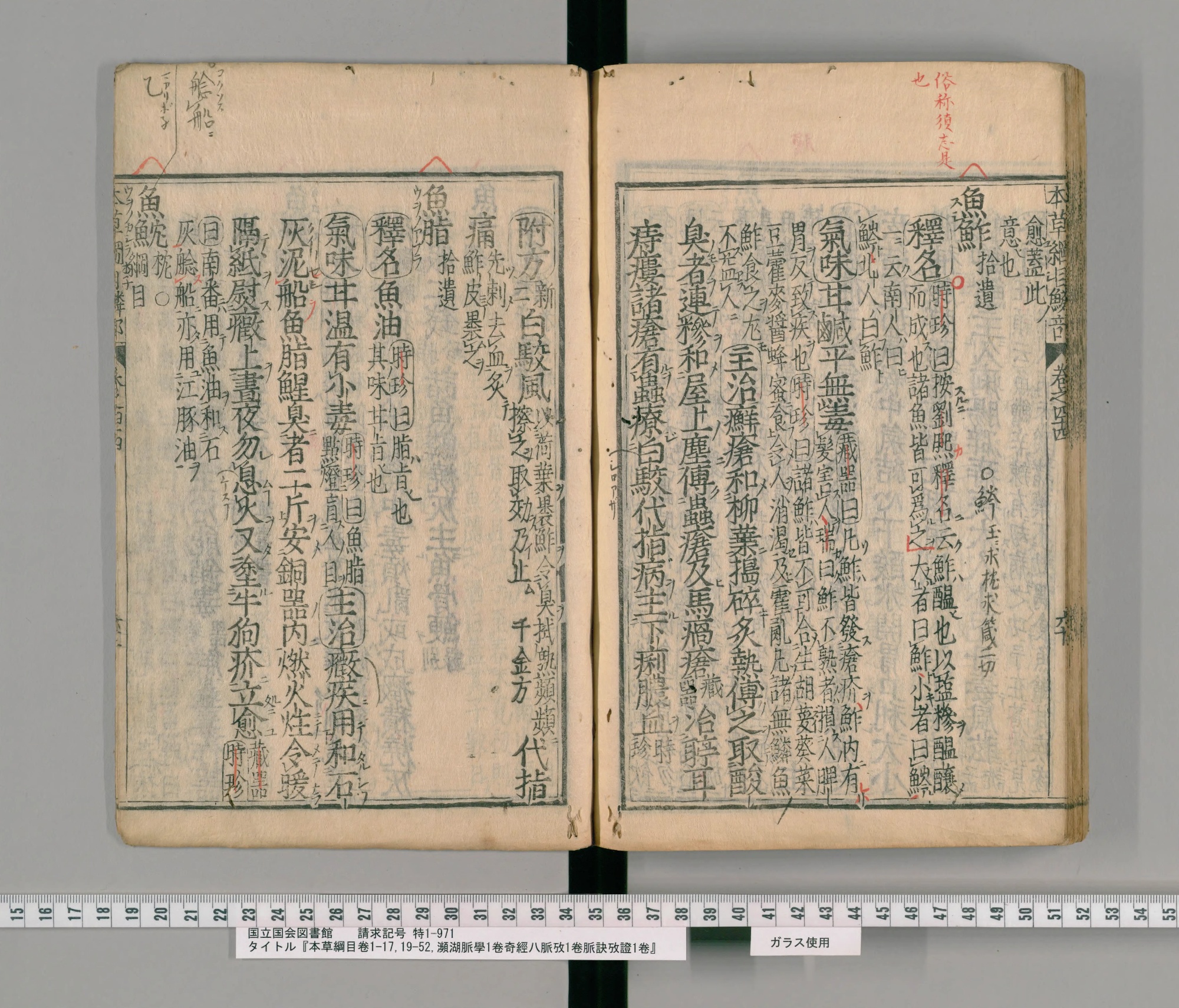 『本草綱目』承応2年刊本 巻四十四コマ108の見開き。右ページに見出し「魚鮓」、上の余白に朱の書き入れ