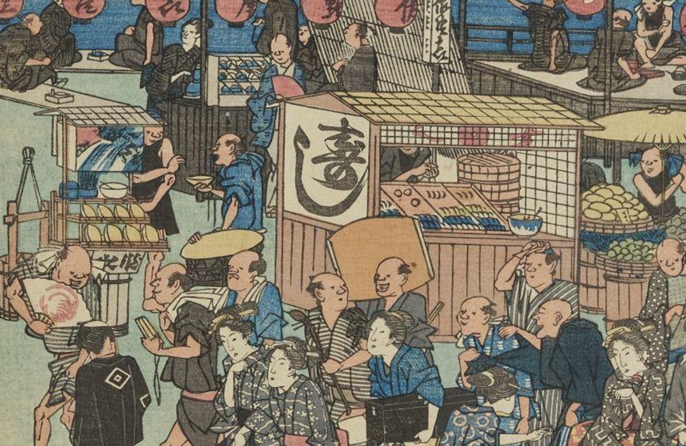 広重の錦絵の一部。「寿し」と大きく書いた看板の屋台。台の上にすしが並び、奥に桶