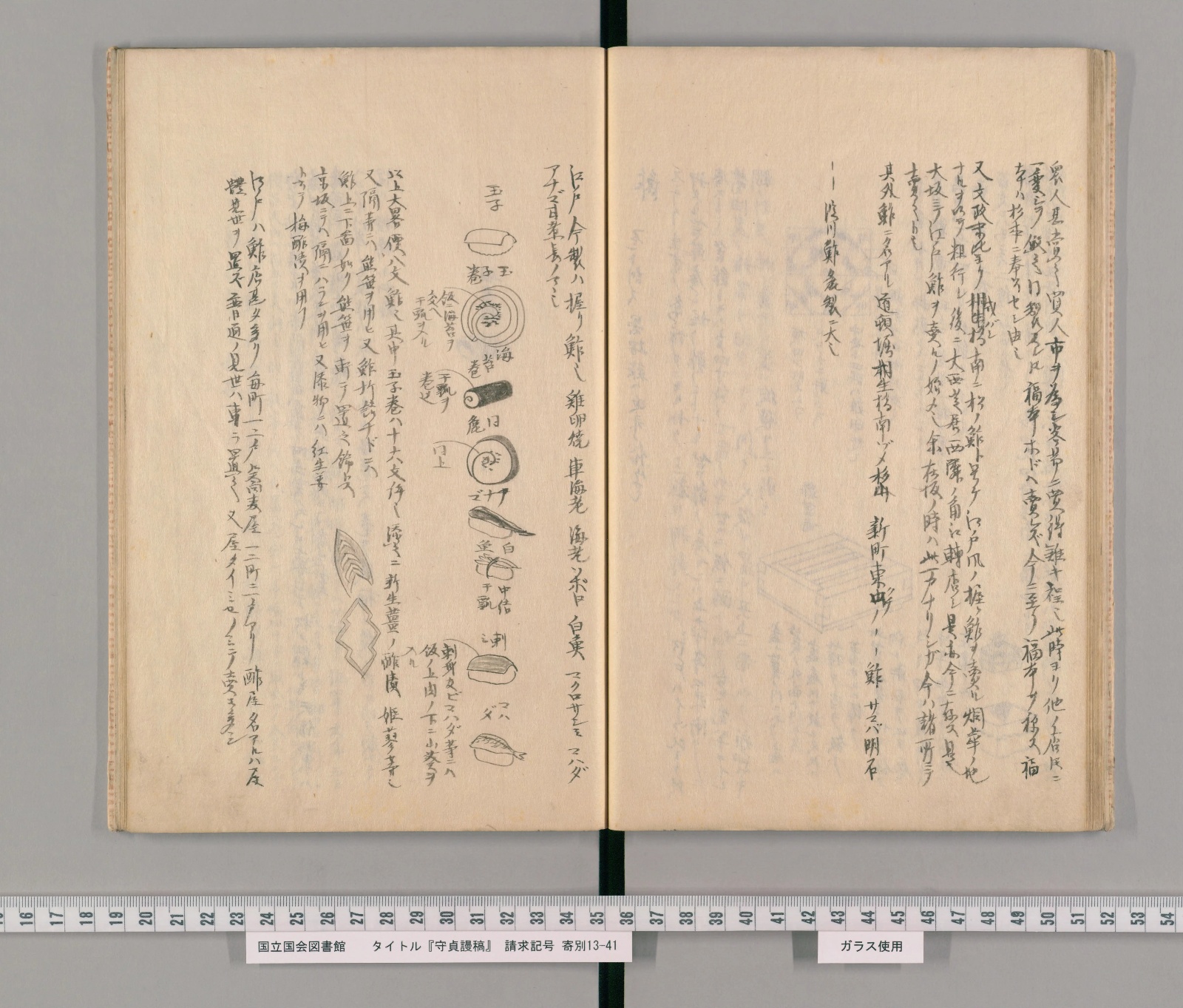 『守貞謾稿』後集巻之一コマ27の見開き。左ページに握りずしの絵が縦に並ぶ