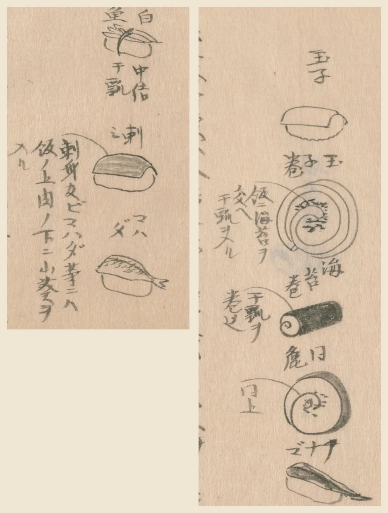 『守貞謾稿』の握りずしの絵の大写し。玉子、玉子巻、海苔巻、アナゴ、白魚、刺身、コハダ