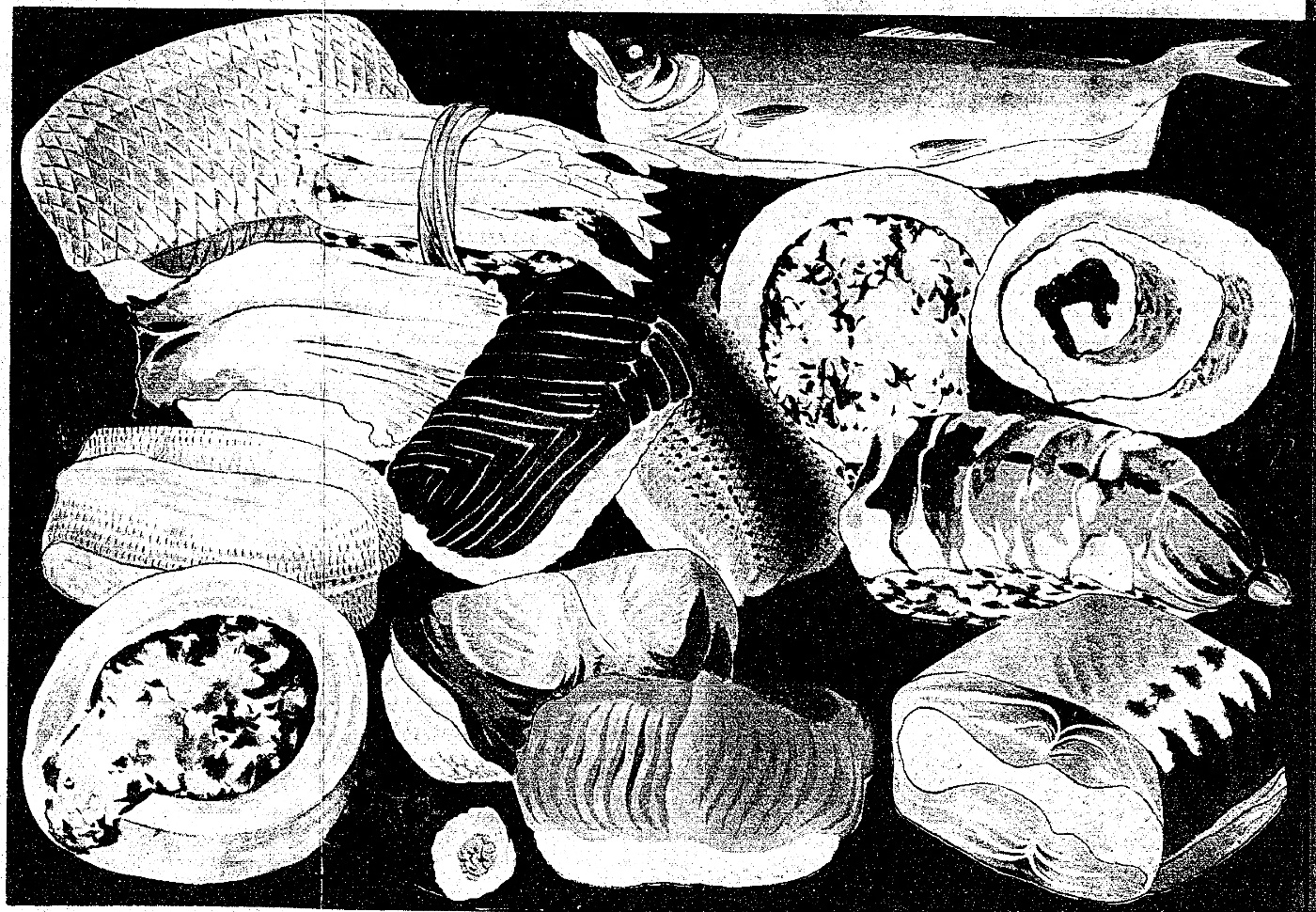 『家庭 鮓のつけかた』の巻頭の図。頭と尾のついた魚のすし、海老のすし、渦を巻いた巻きずしなどの盛り合わせ