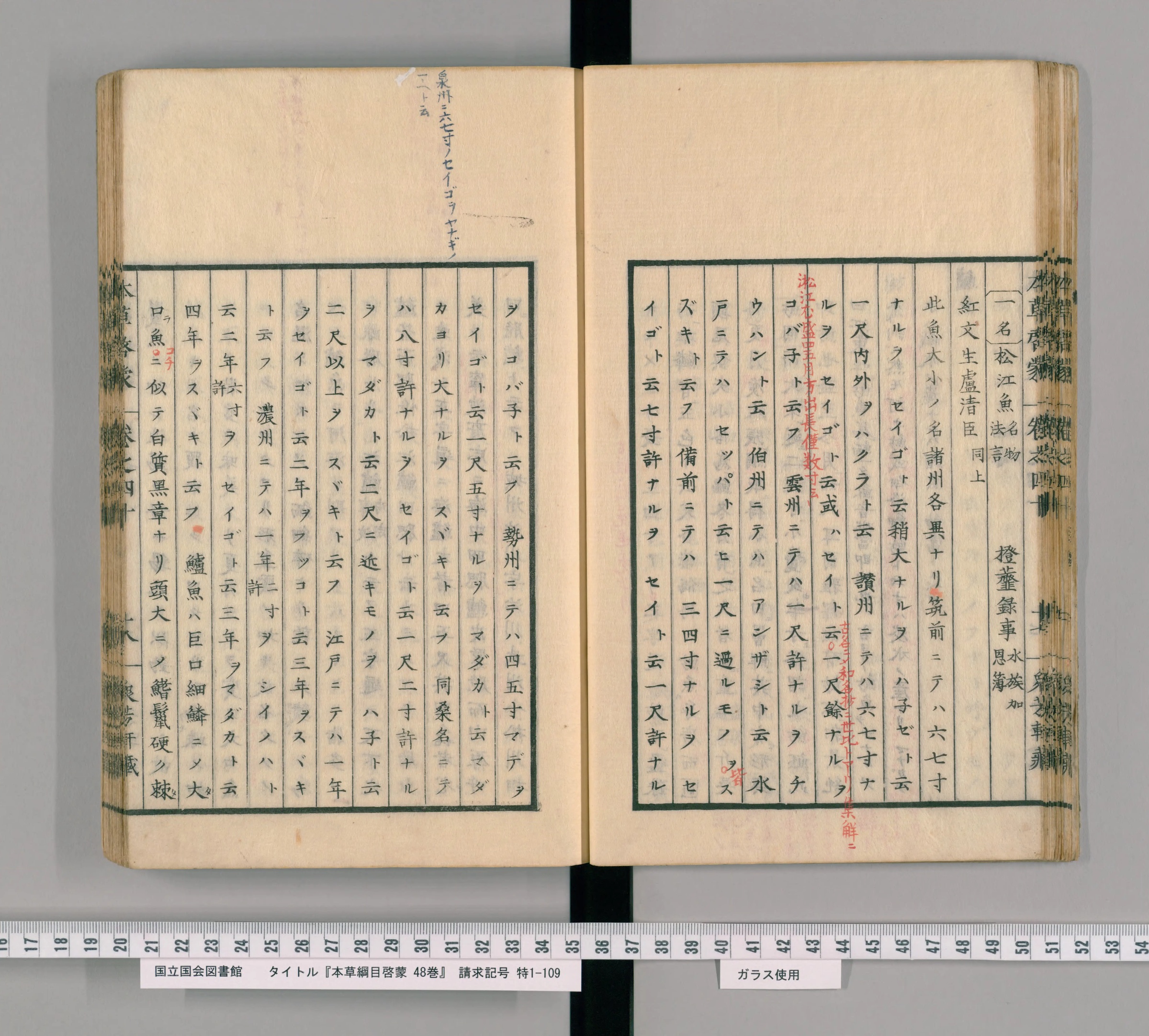 『本草綱目啓蒙』の見開き。右ページの冒頭に「一名 松江魚」、その左から国ごとの呼び名の列が左ページまで続く