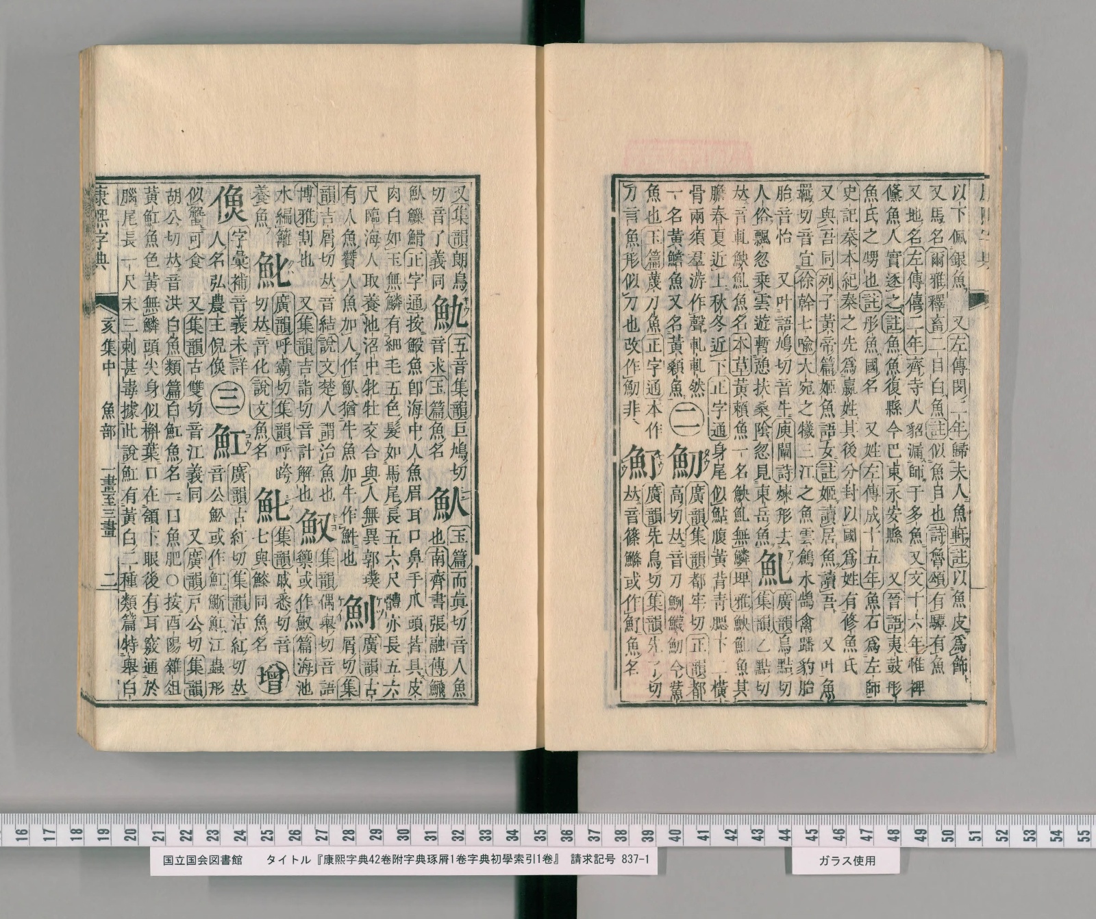 『康熙字典』魚部コマ4の見開き。右ページの左寄り、丸囲みの「二」の下に見出し「魛」