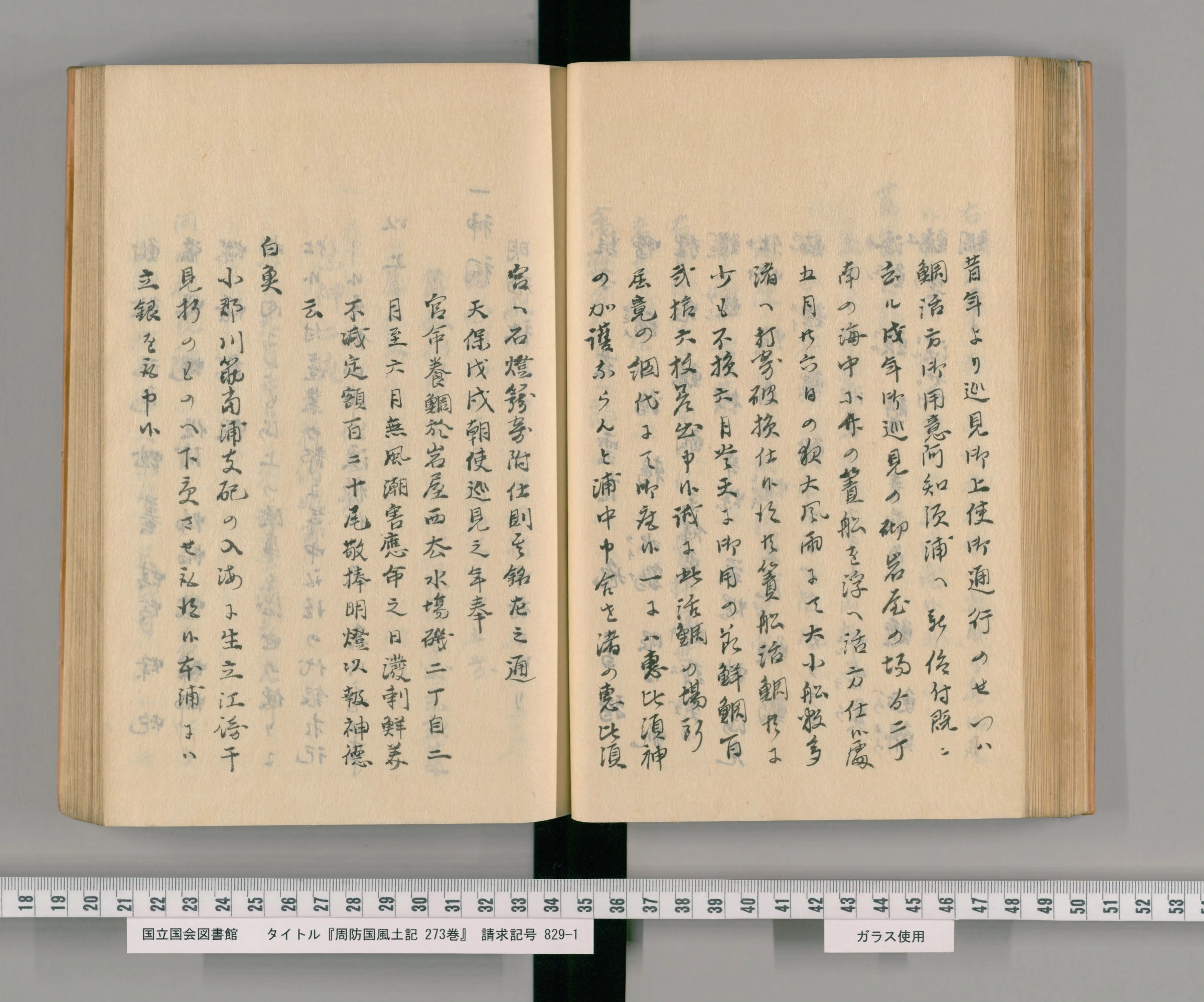 『周防国風土記』の写本。右ページに活鯛の顛末、左ページに石燈籠の銘が写されている