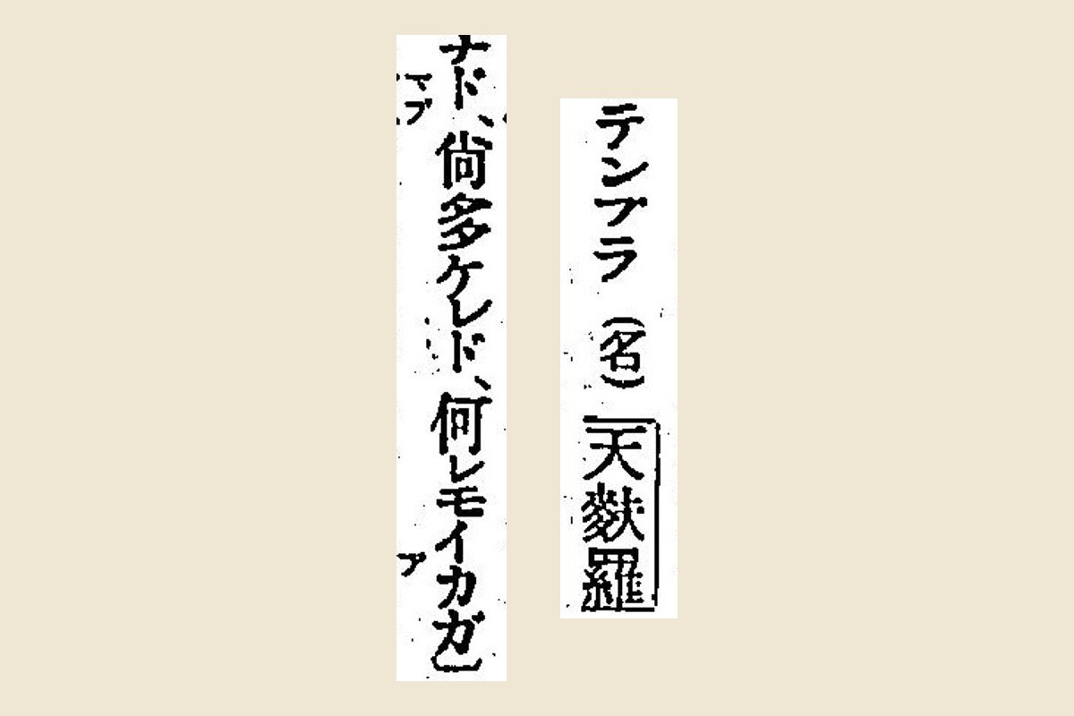 『言海』の見出し「テンプラ（名）天麩羅」と「尚多ケレド、何レモイカガ」の大写し