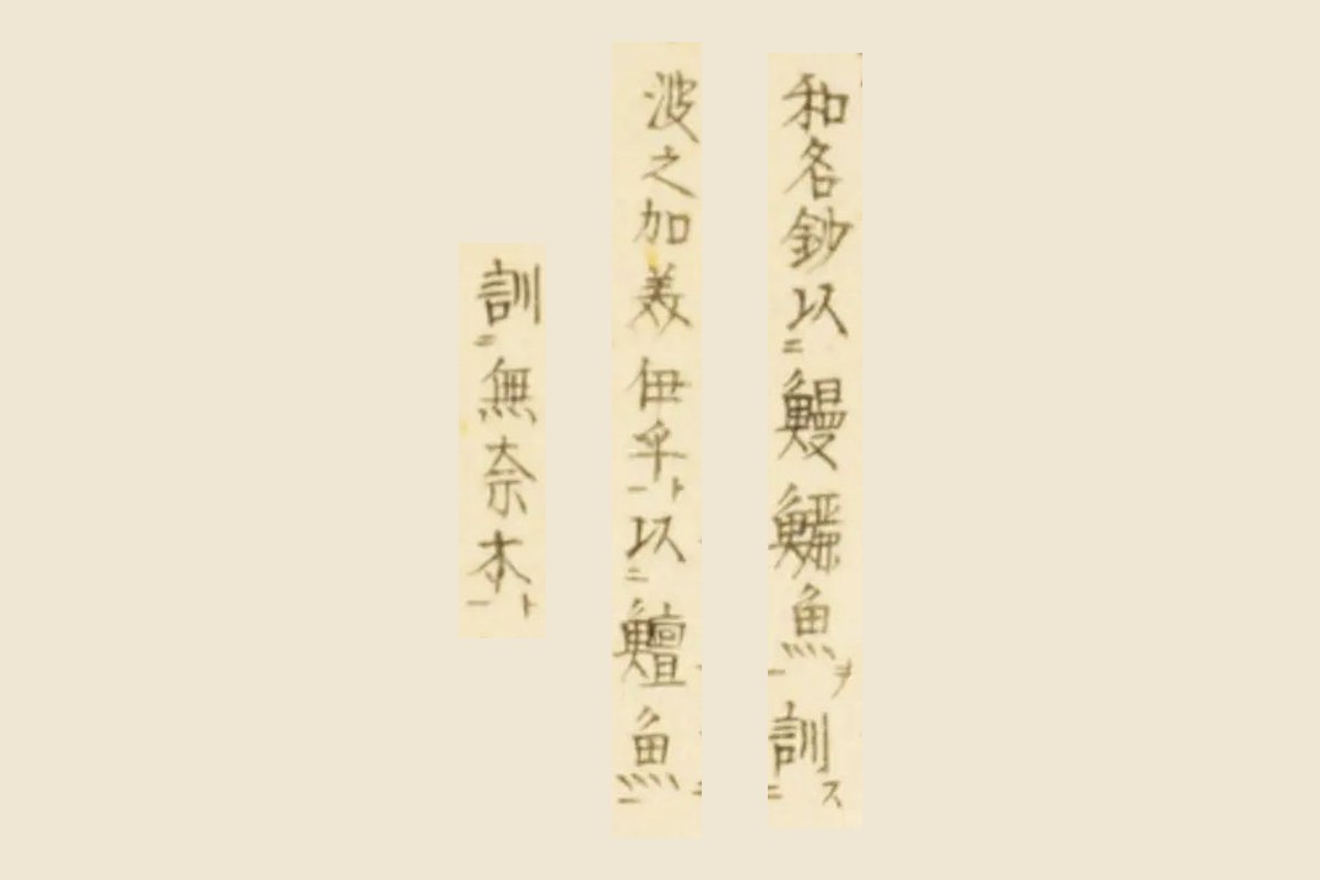 『梅園魚品図正』巻一コマ27、右ページ上の書き込み「和名鈔以鰻鱺魚訓波之加美伊乎以鱣魚訓無奈木」の大写し