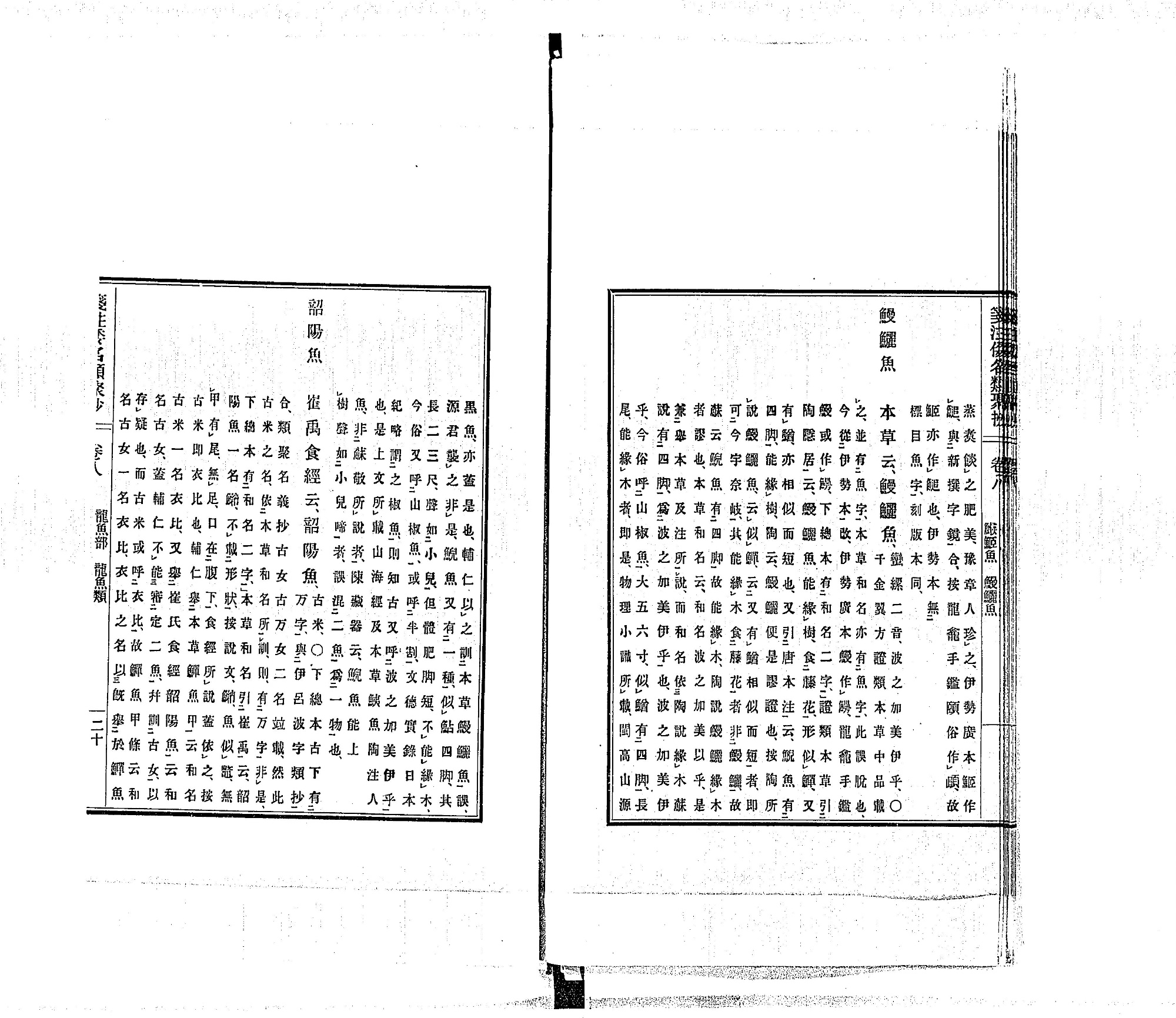 『箋注倭名類聚抄』巻八コマ21の見開き。右ページの中ほどに見出し「鰻鱺魚」