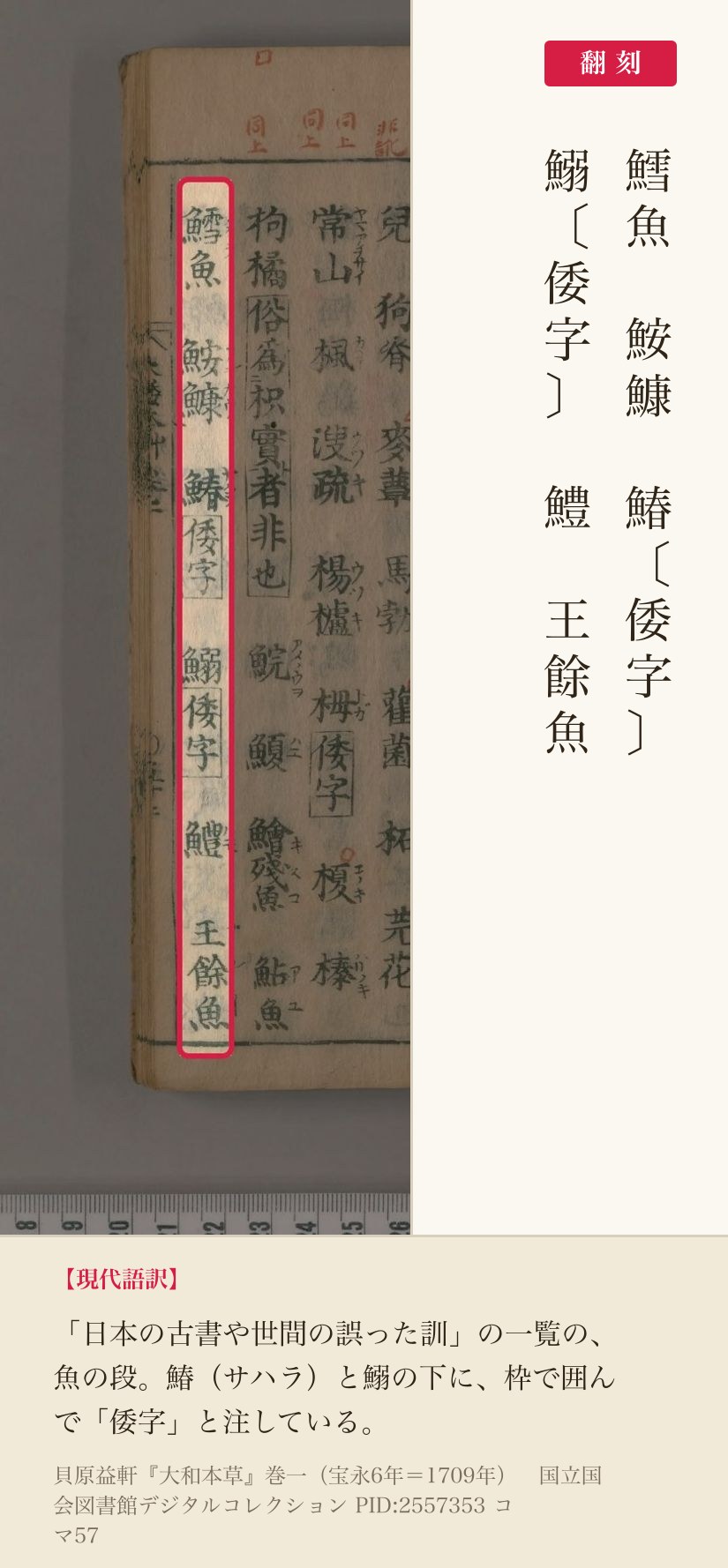 『大和本草』巻一コマ57の魚の列「鱈魚 鮟鱇 鰆〔倭字〕 鰯〔倭字〕 鱧 王餘魚」と翻刻