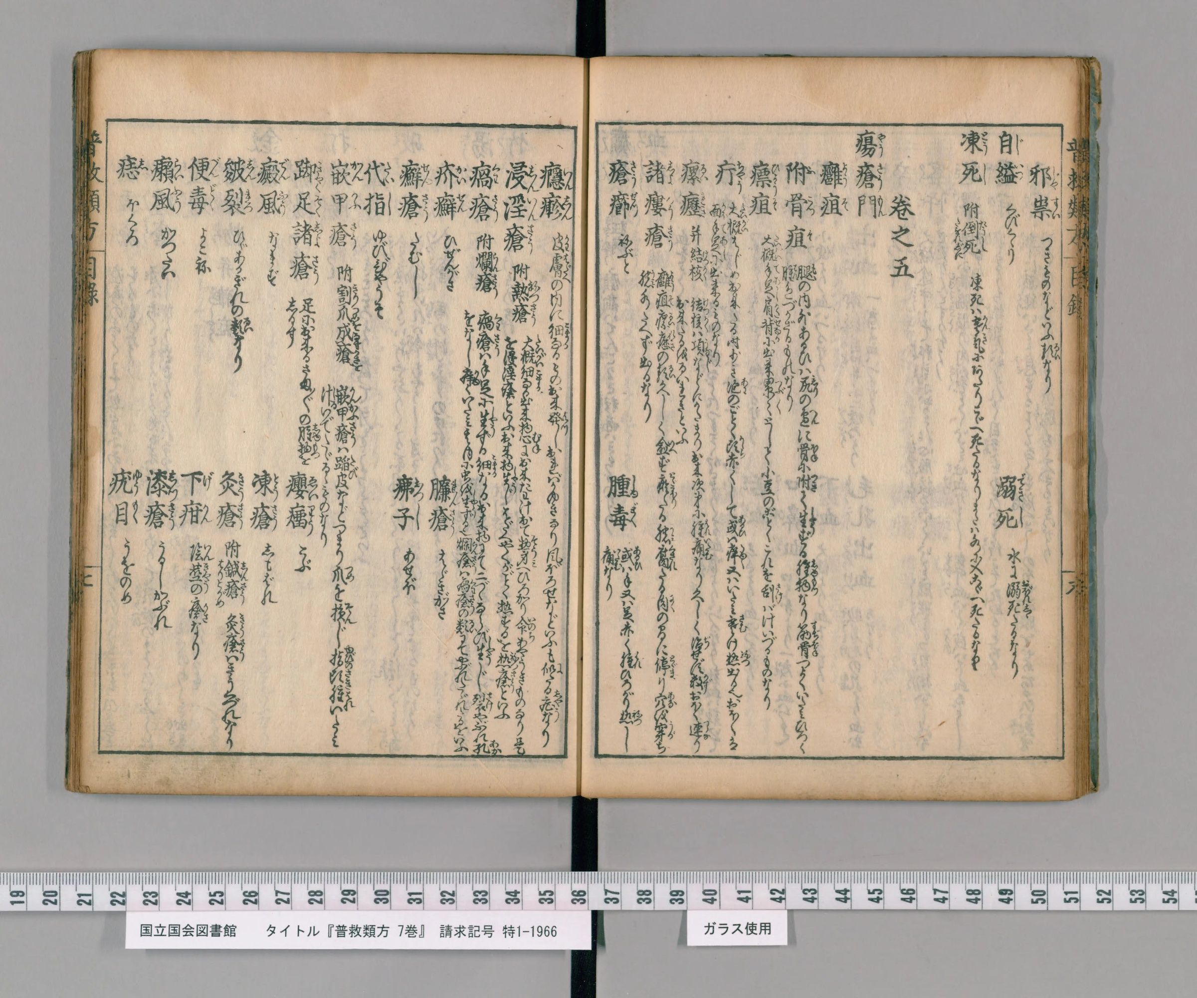 『普救類方』の目録の見開き。病名の漢字に、かなで読みや説明が添えられている