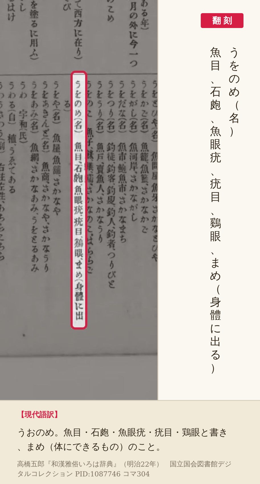 『和漢雅俗いろは辞典』コマ304の「うをのめ（名）」の項と翻刻