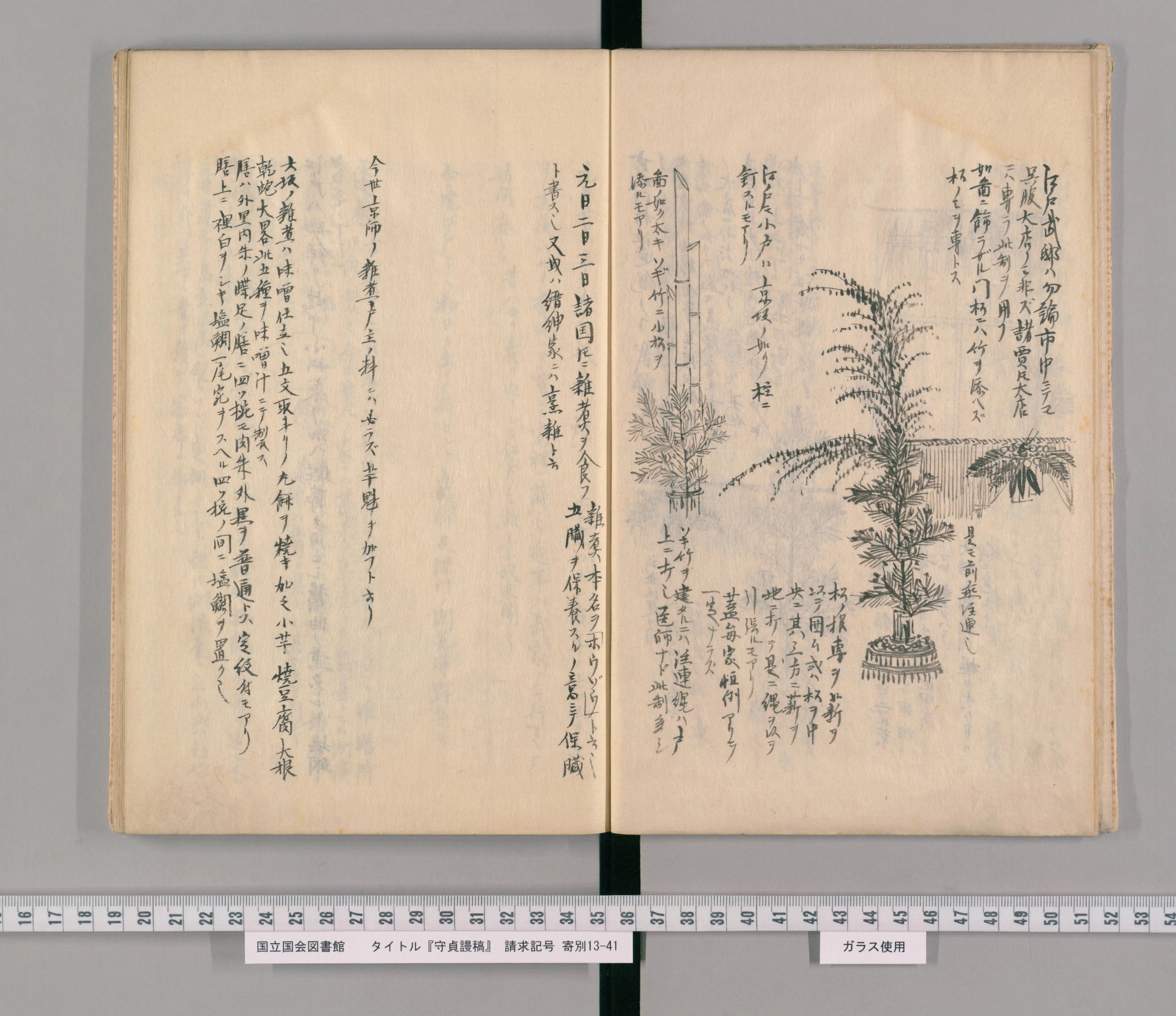『守貞謾稿』巻二十六コマ6の見開き。右ページに門松の絵、左ページに手書きの本文